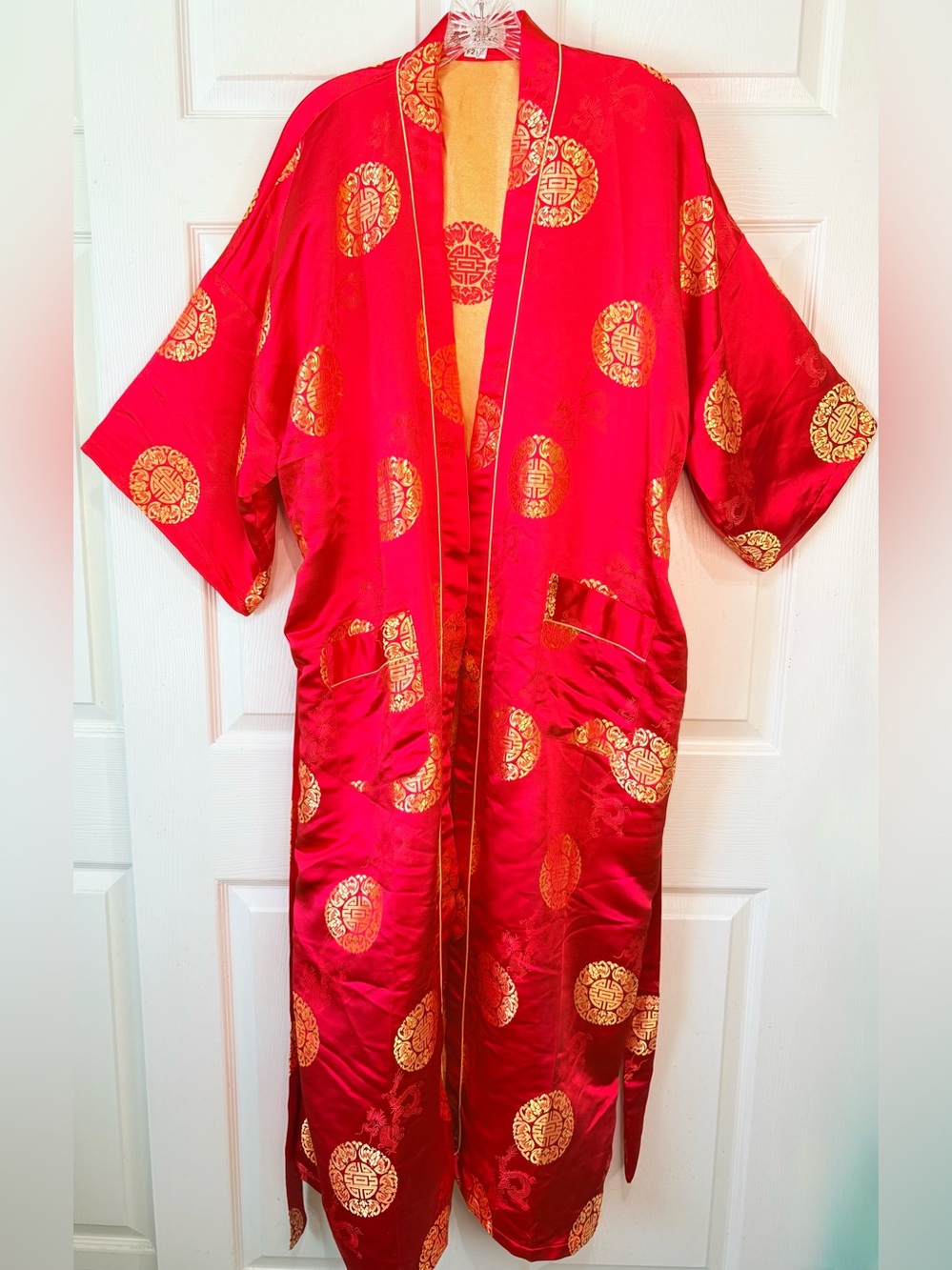Vintage Double Peach Red/Gold Brocade Dragon Kimono Robe O/S